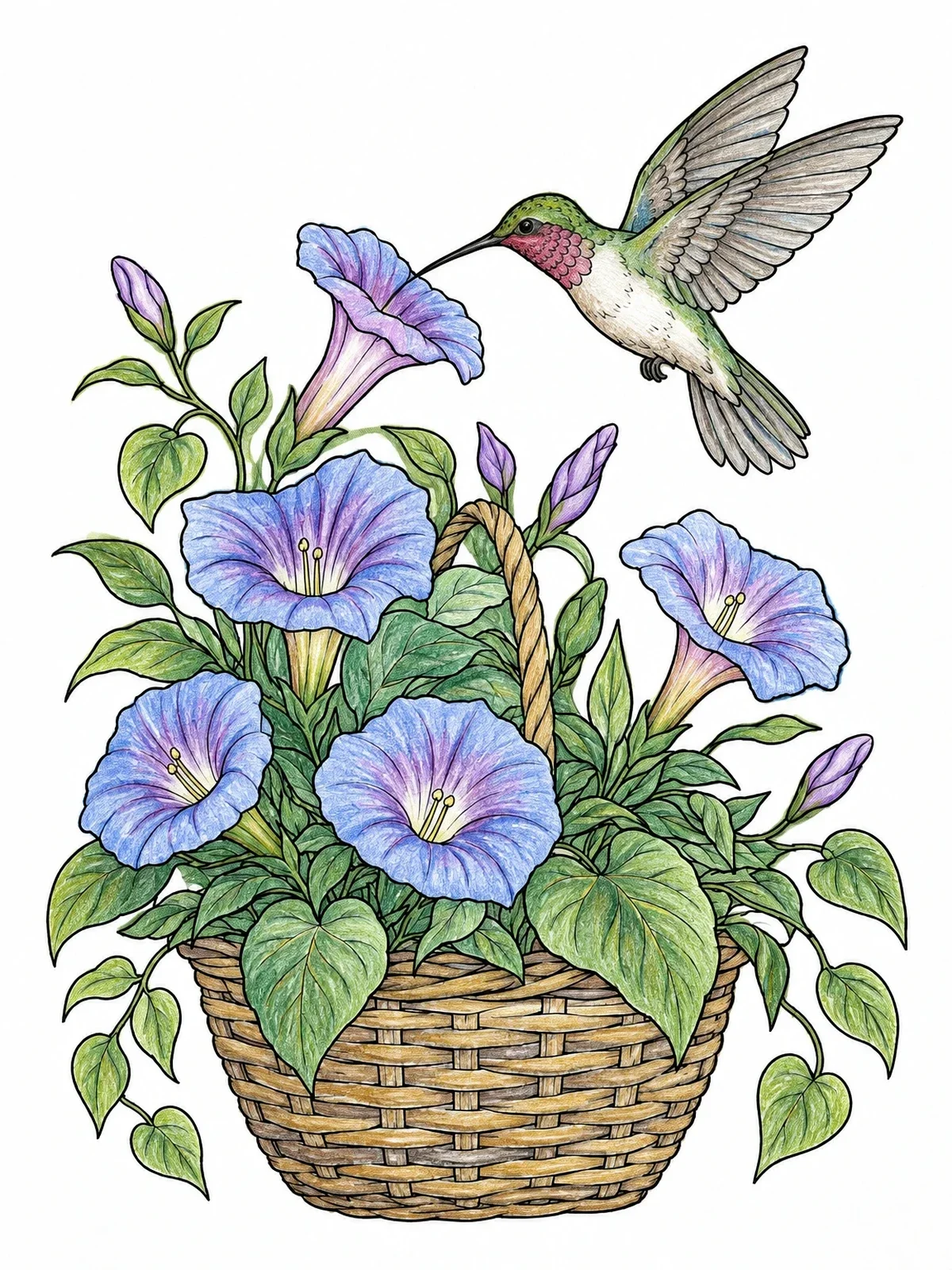 Colored example of the Hummingbird And Morning Glory Basket coloring page