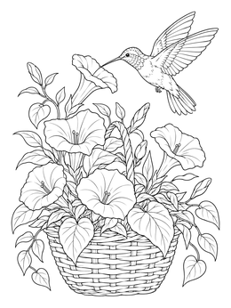 A detailed flower basket coloring page featuring trumpet blooms and a flying hummingbird.