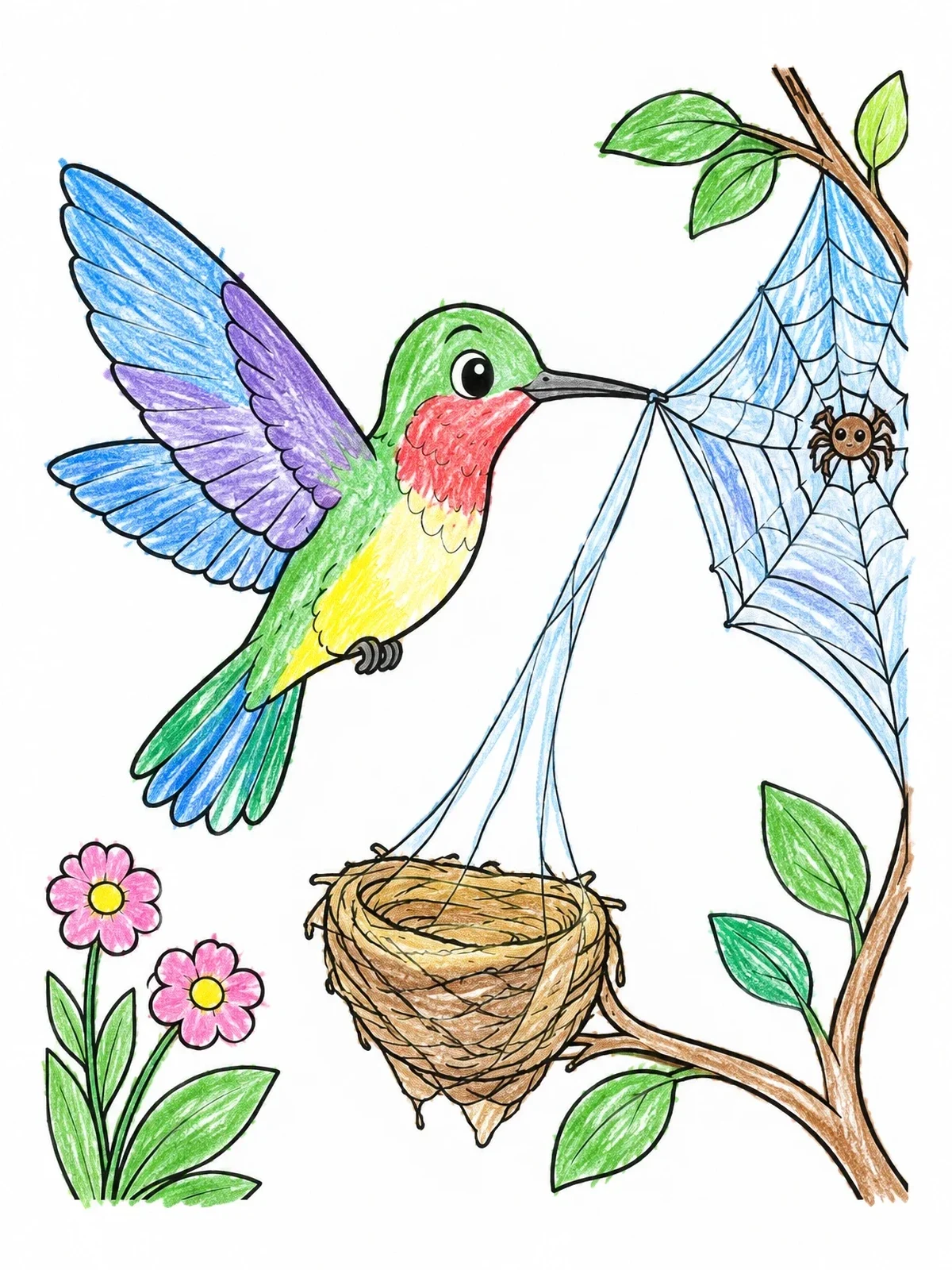 Colored example of the Hummingbird Collecting Silk For Nest coloring page
