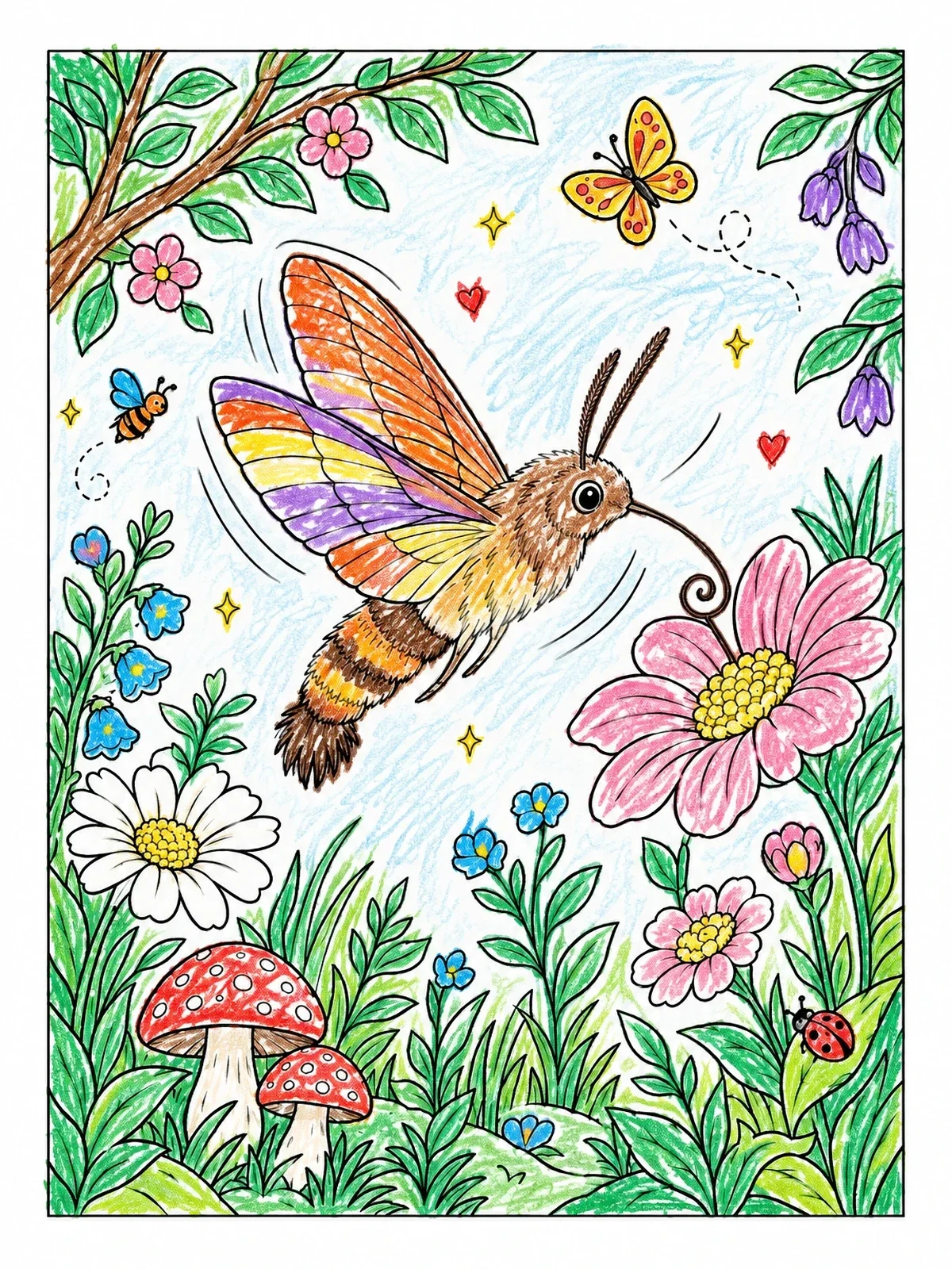 Colored example of the Hummingbird Hawk Moth In The Garden coloring page