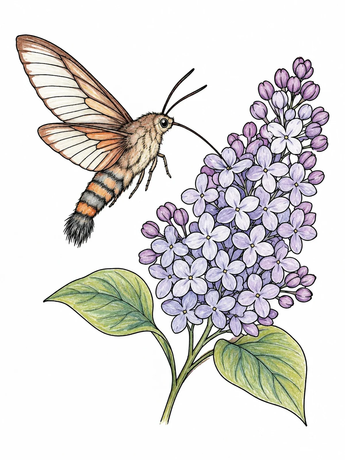 Colored example of the Hummingbird Hawk Moth At Lilac Blossoms coloring page