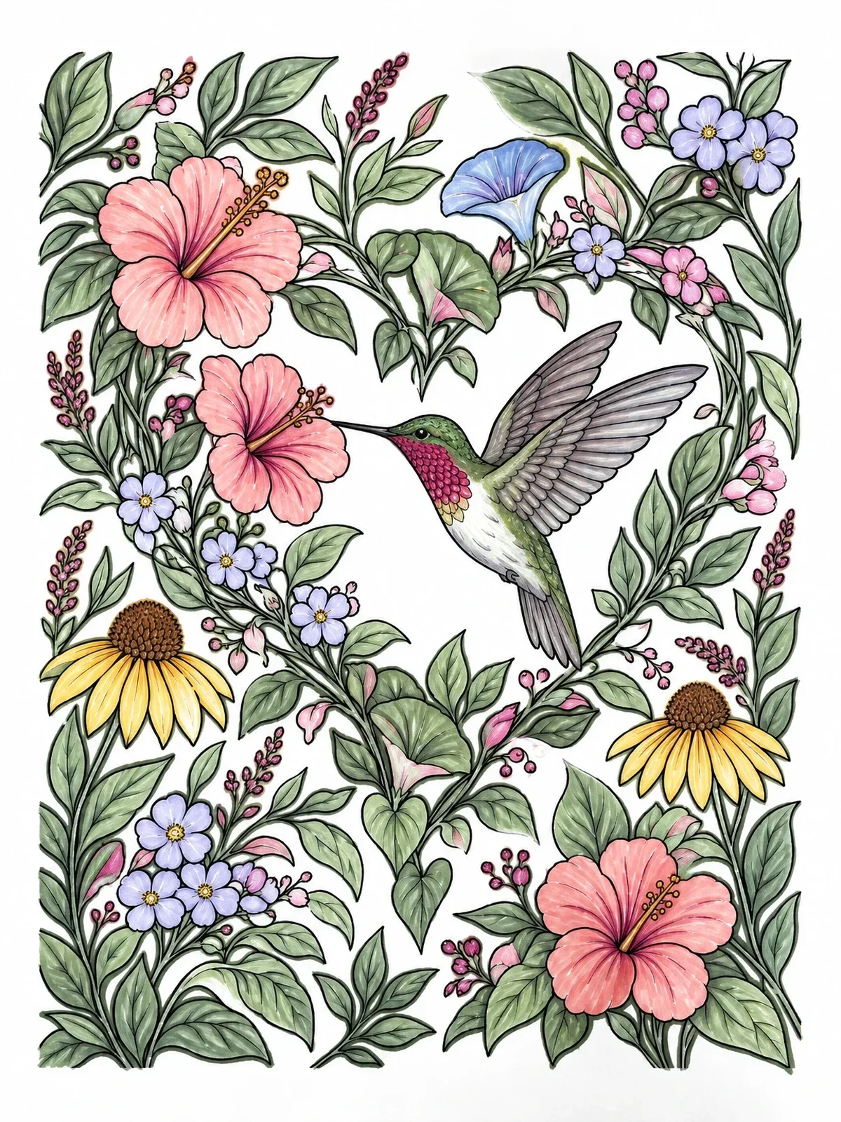 Colored example of the Hummingbird In Heart Floral Wreath coloring page