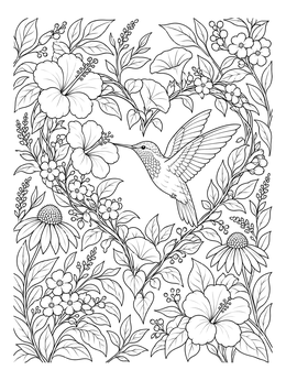 A hummingbird coloring page framed by an intricate heart-shaped wreath of blooming flowers and vines.
