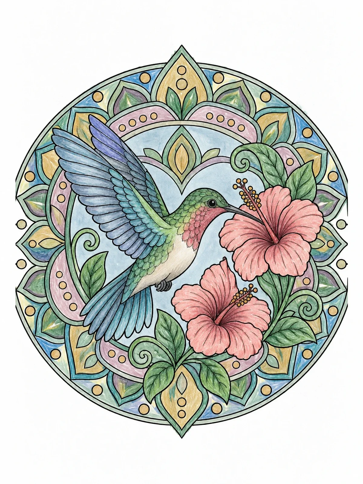 Colored example of the Hummingbird And Hibiscus Floral Mandala coloring page