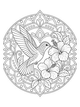 A hummingbird coloring page with blooming hibiscus inside an ornate mandala design.