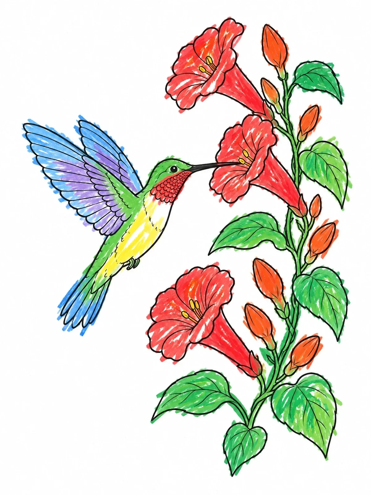 Colored example of the Hummingbird Hovering Near Blooming Flowers coloring page