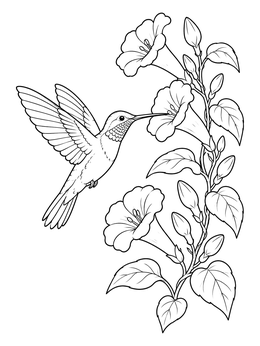 A detailed hummingbird coloring page featuring a tiny bird hovering near trumpet flowers.