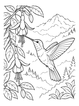 A hummingbird coloring page featuring a bird sipping nectar from fuchsias in front of mountains.