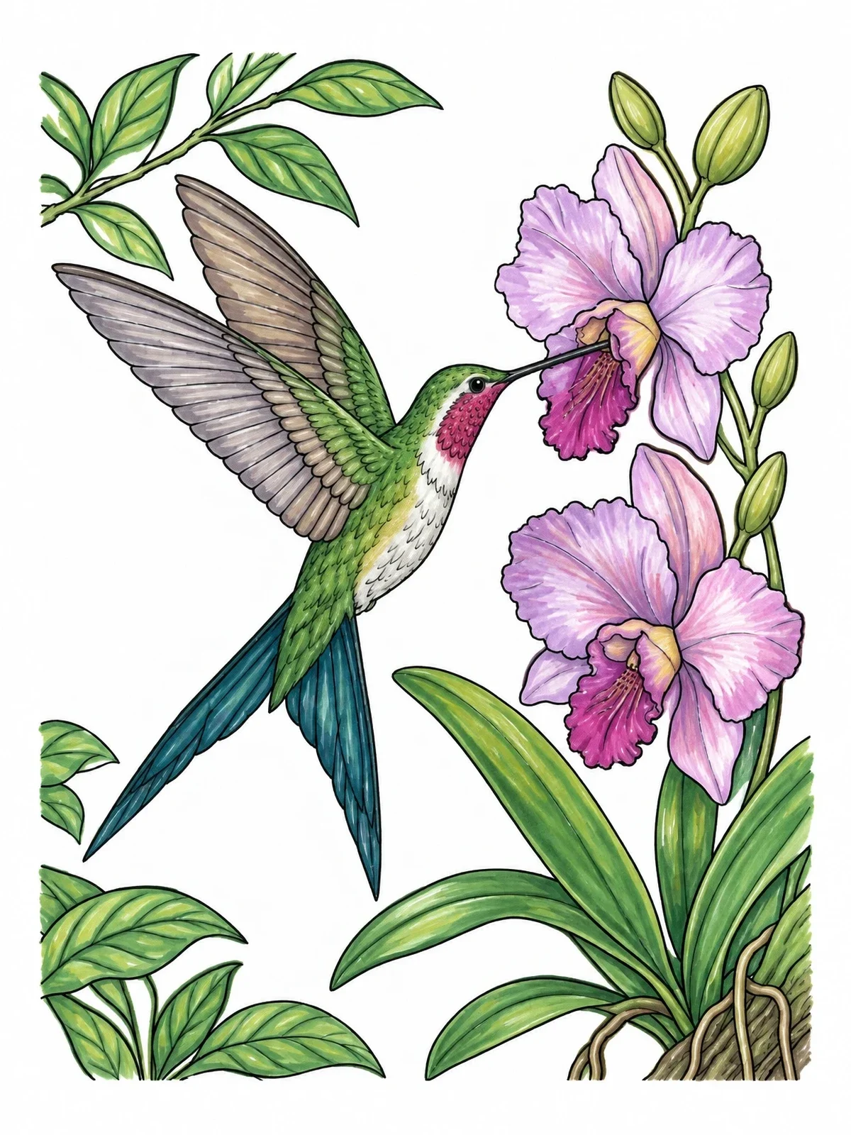 Colored example of the Hummingbird Hovering Near Orchid Blossoms coloring page