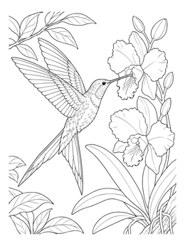 Detailed hummingbird coloring page showing a swallow-tailed bird drinking from blooming orchid flowers.