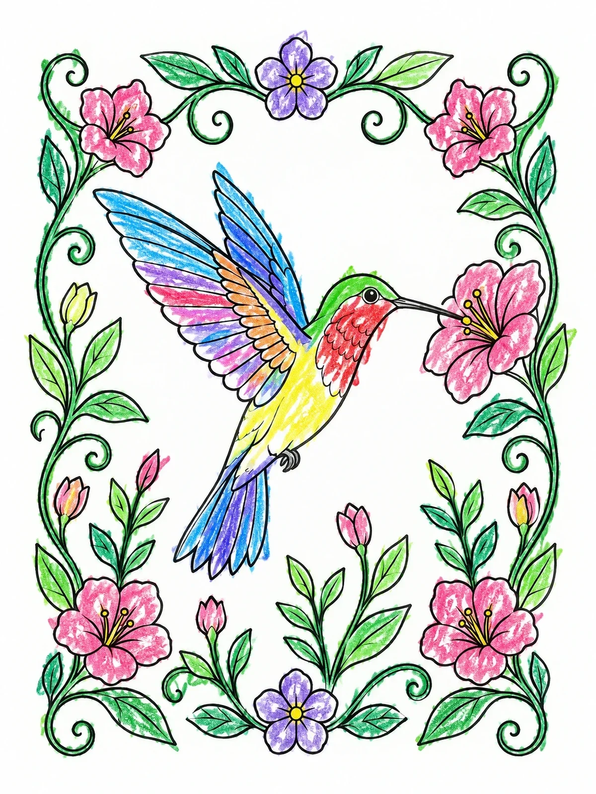 Colored example of the Hummingbird In Floral Vine Frame coloring page