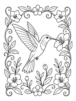 A detailed hummingbird coloring page featuring a hovering bird framed by delicate floral vines.