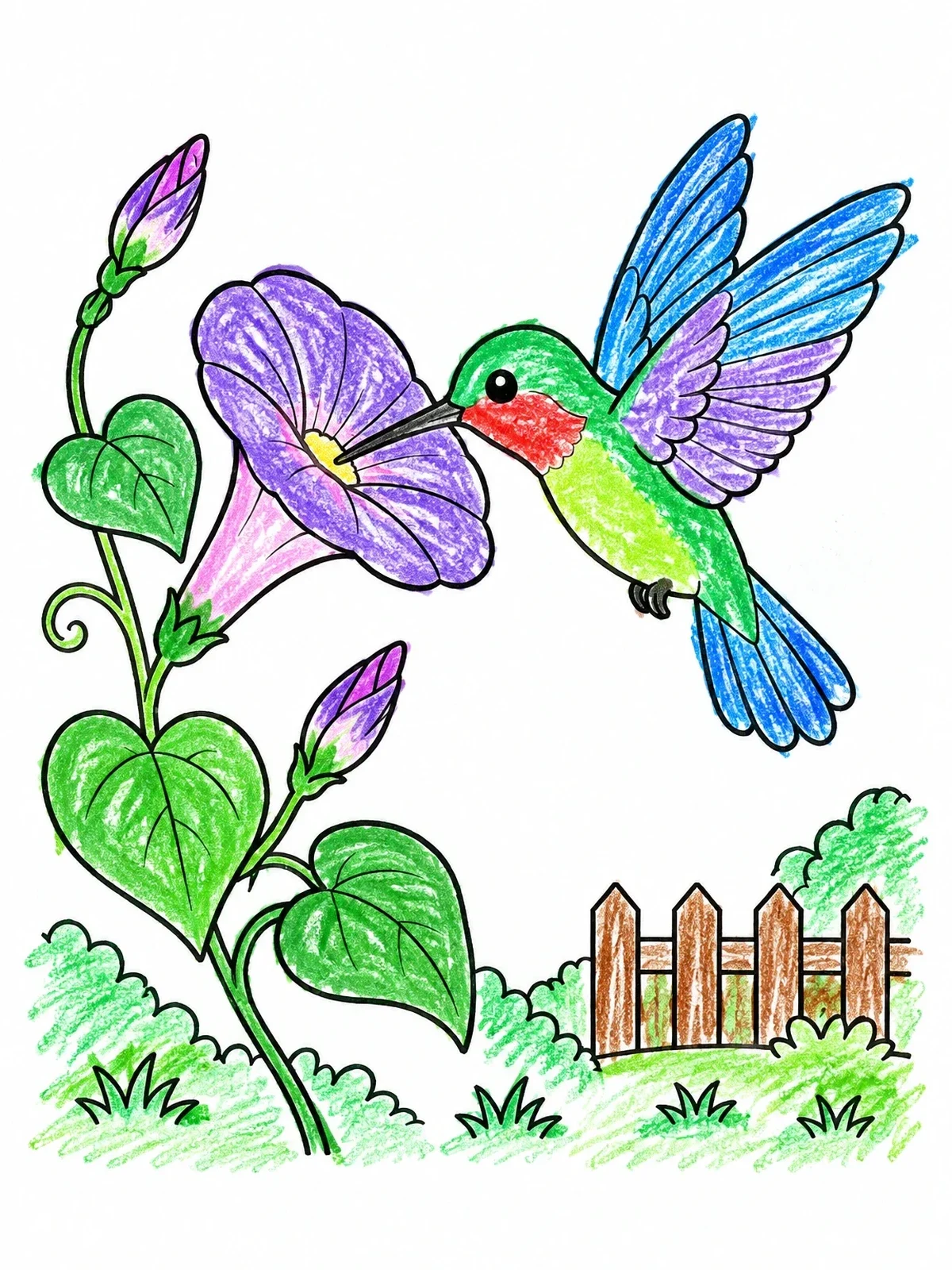 Colored example of the Hummingbird And Morning Glory Flower coloring page