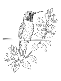 A realistic hummingbird coloring page showing a bird on a wire by blooming honeysuckle.