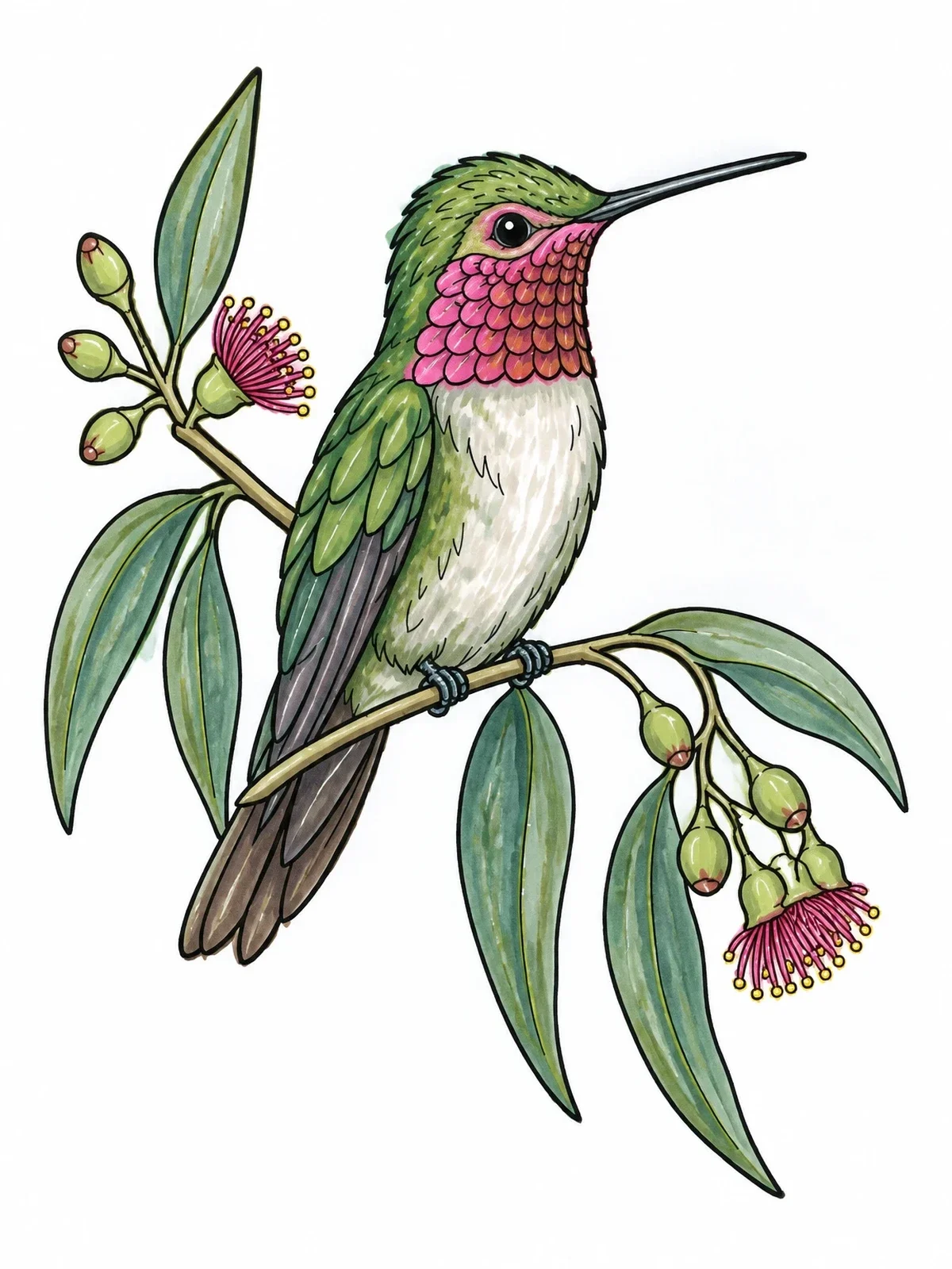Colored example of the Hummingbird Perched On Eucalyptus Branch coloring page