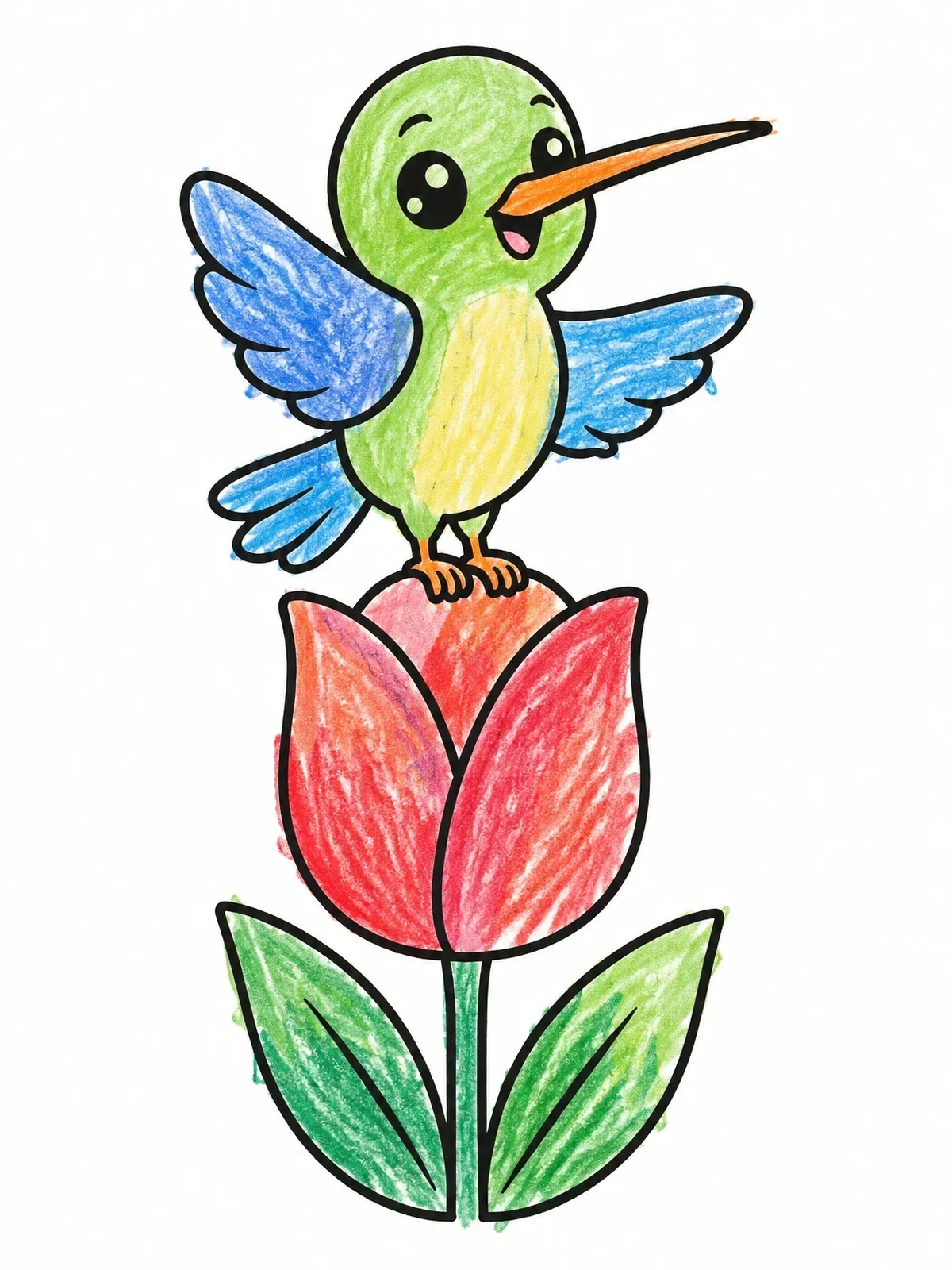 Colored example of the Cute Hummingbird On A Tulip coloring page