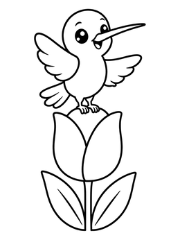 A hummingbird coloring page with a cartoon bird standing on a large tulip.