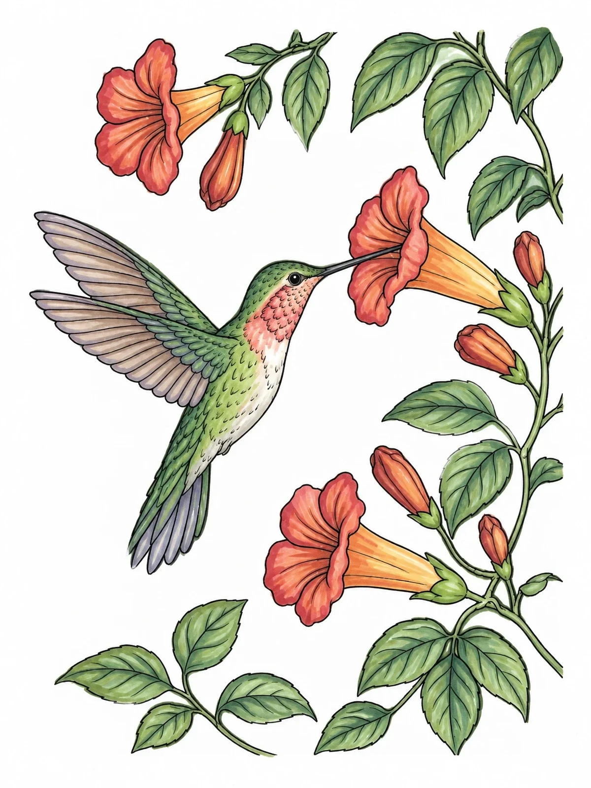 Colored example of the Hummingbird Visiting Trumpet Vine Flowers coloring page