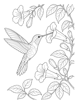 Free printable Hummingbird Visiting Trumpet Vine Flowers coloring page