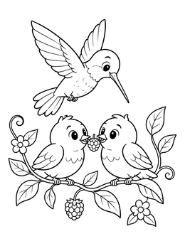 A sweet bird coloring page showing two chicks sharing a berry as a hummingbird flies above.