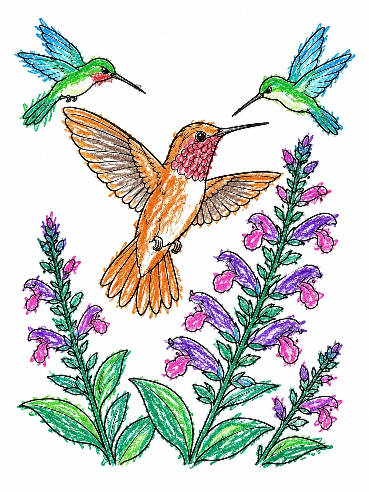 Colored example of the Hummingbirds Hovering Over Salvia Blooms coloring page