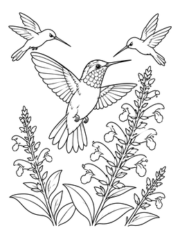 A detailed hummingbird coloring page featuring three birds flying above flowering salvia plants.