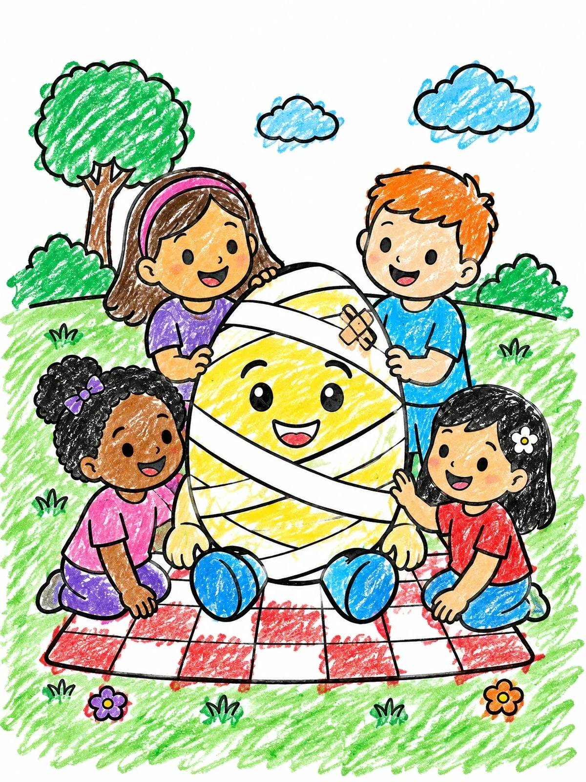 Colored example of the Bandaged Humpty Dumpty With Friends coloring page