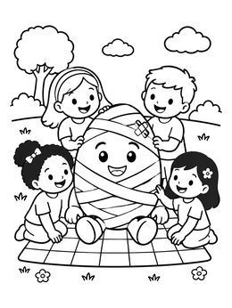 A cheerful bandaged humpty dumpty coloring page with smiling children on a picnic blanket outdoors.