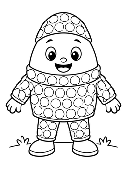 A cheerful humpty dumpty coloring page wearing a protective bubble wrap suit.