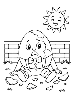 A humpty dumpty coloring page featuring a cracked egg sitting on the ground beside broken shells under a smiling sun.