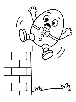 A surprised egg in this humpty dumpty coloring page tumbling backwards off a brick wall.