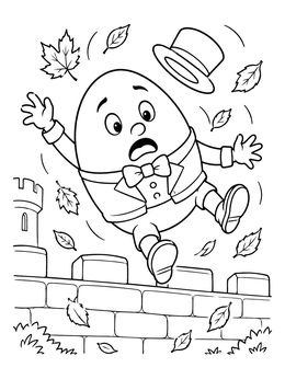 A surprised character in this humpty dumpty coloring page falls from a stone wall surrounded by autumn leaves.