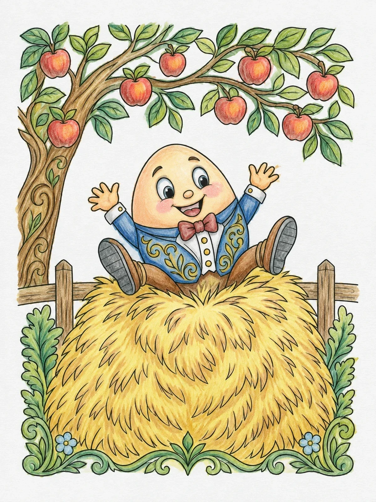 Colored example of the Humpty Dumpty Falling Into Hay coloring page