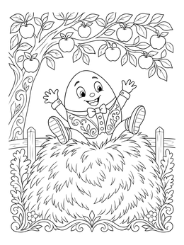 A cheerful humpty dumpty coloring page featuring an egg character landing safely on a fluffy haystack.