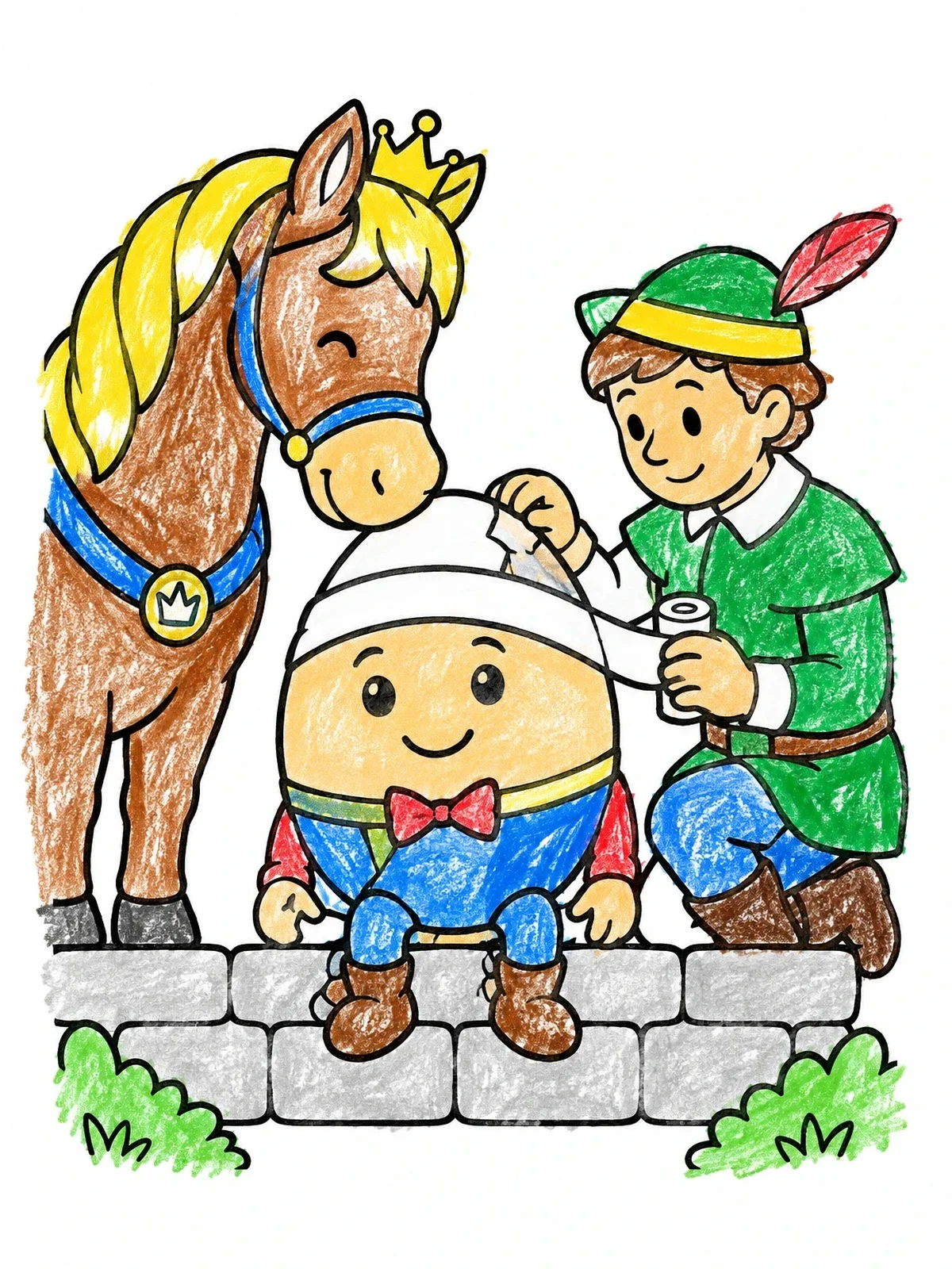 Colored example of the Humpty Dumpty Helped By Friends coloring page