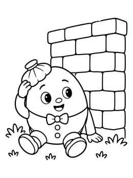 A cheerful humpty dumpty coloring page featuring the egg sitting beside a brick wall with an ice pack.