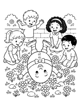 A cheerful humpty dumpty coloring page showing him upside down among flowers with kids watching.
