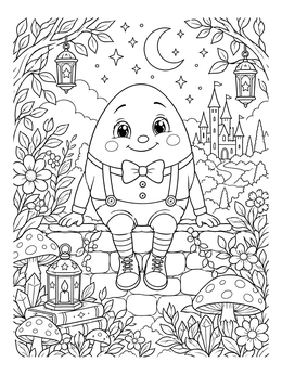 A smiling Humpty Dumpty sitting on a brick wall under the night sky in this humpty dumpty coloring page.