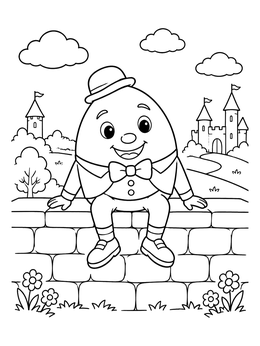 A cheerful humpty dumpty coloring page featuring an egg sitting on a stone wall near a castle.