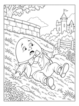 A startled egg character tumbles down a hill in this detailed humpty dumpty coloring page.
