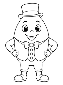 A cheerful humpty dumpty coloring page featuring the egg character standing with hands on hips in a top hat.