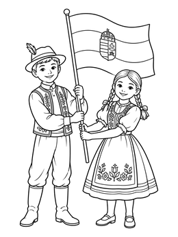 Free printable Hungarian Children With National Flag coloring page