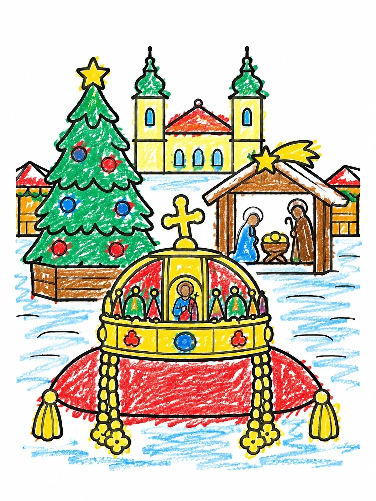 Colored example of the Hungarian Crown At Festive Market coloring page