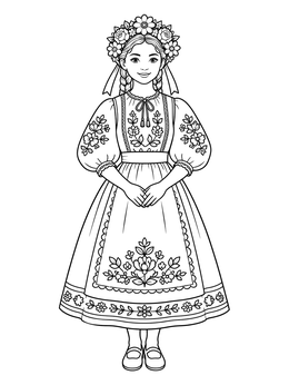 Free printable Hungarian Girl In Traditional Folk Costume coloring page