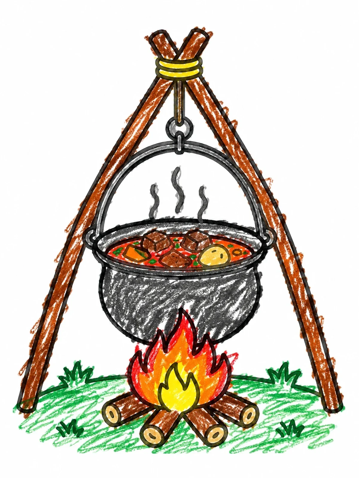 Colored example of the Hungarian Bogrács Stew Over Campfire coloring page