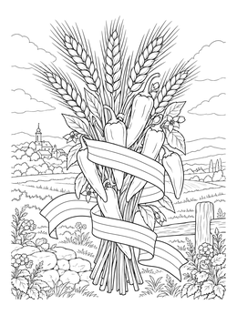 A hungary coloring page featuring paprika peppers, wheat stalks, and a ribbon before a village.