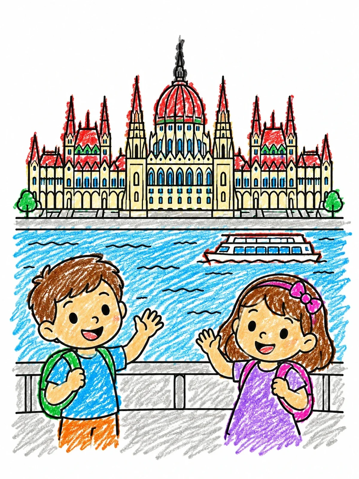 Colored example of the Kids Visiting The Hungarian Parliament coloring page