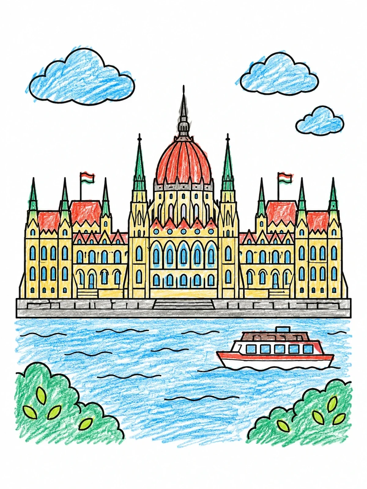 Colored example of the Hungarian Parliament Building By The River coloring page