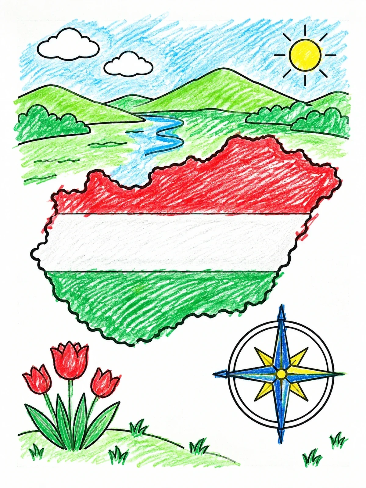 Colored example of the Map Of Hungary With Flag And Nature coloring page