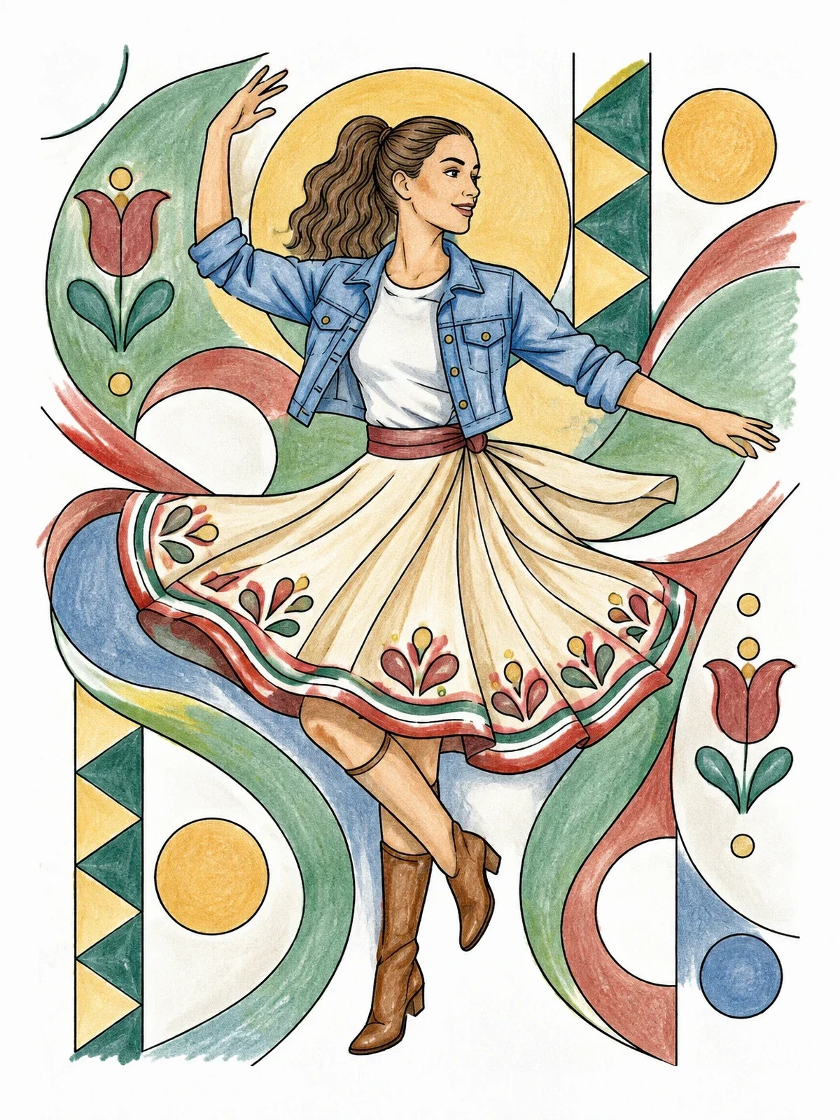 Colored example of the Modern Hungarian Folk Dancer coloring page